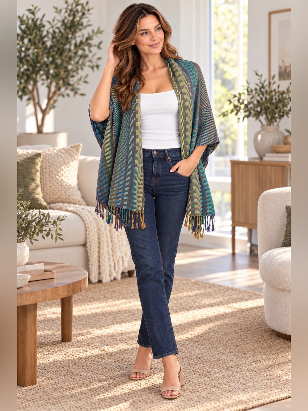 Susan Graver Geometric Metallic Fringe Shawl Wrap Teal Blue Green 76”x55”